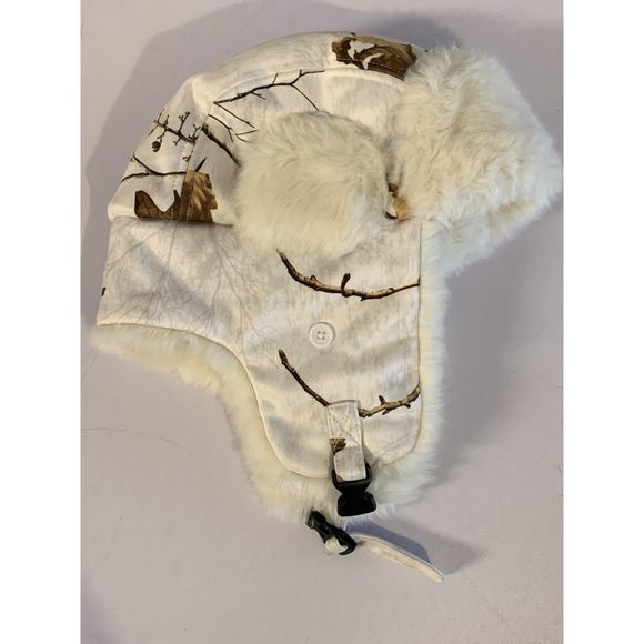 Realtree Snow Camo Trapper Hat White Faux Fur Aviator Bomber Ski Snowboard - Picture 2 of 10